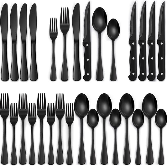  Piece Black Silverware Set with Steak Knives Black Flatware