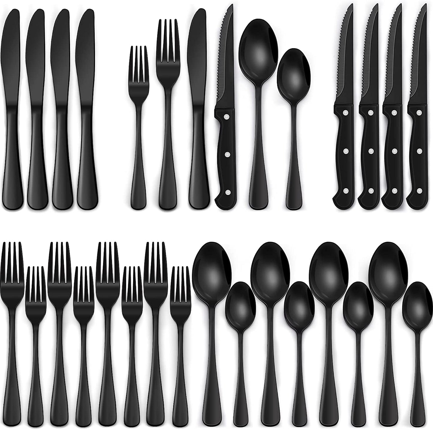 24 Piece Black Silverware Set with Steak Knives Black Flatware Set