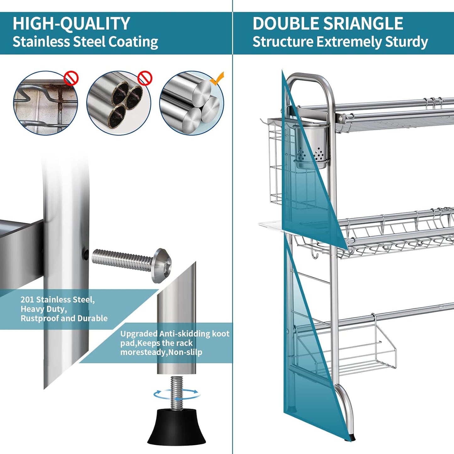 Stainless Steel 2 Tier over the Sink Dish Drying Rack with Utensil Holder Large