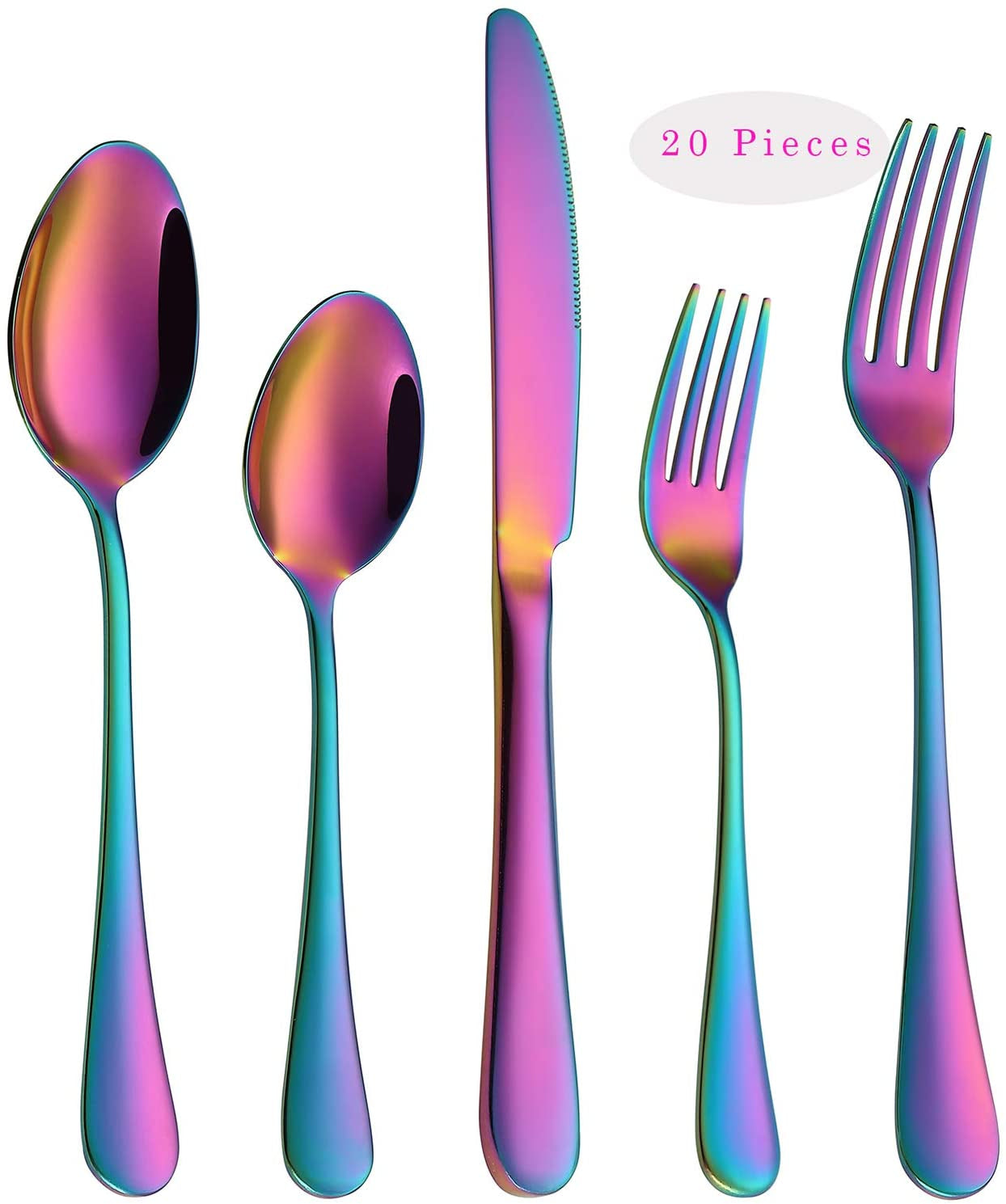 Rainbow Flatware Cutlery Silverware Set 20 Pieces Stainless Steel Colorful