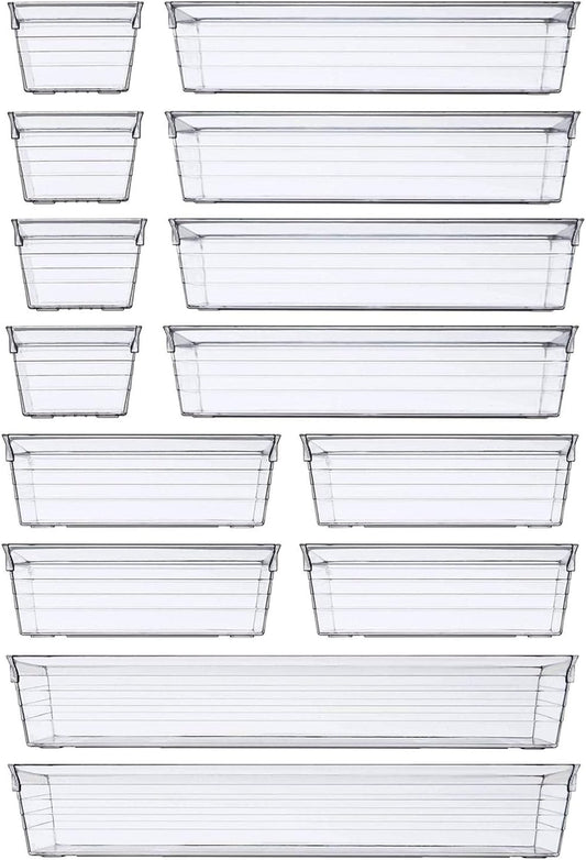 14 PCS Clear Plastic Drawer Organizer Tray 4 Sizes Desk Drawer Divider 