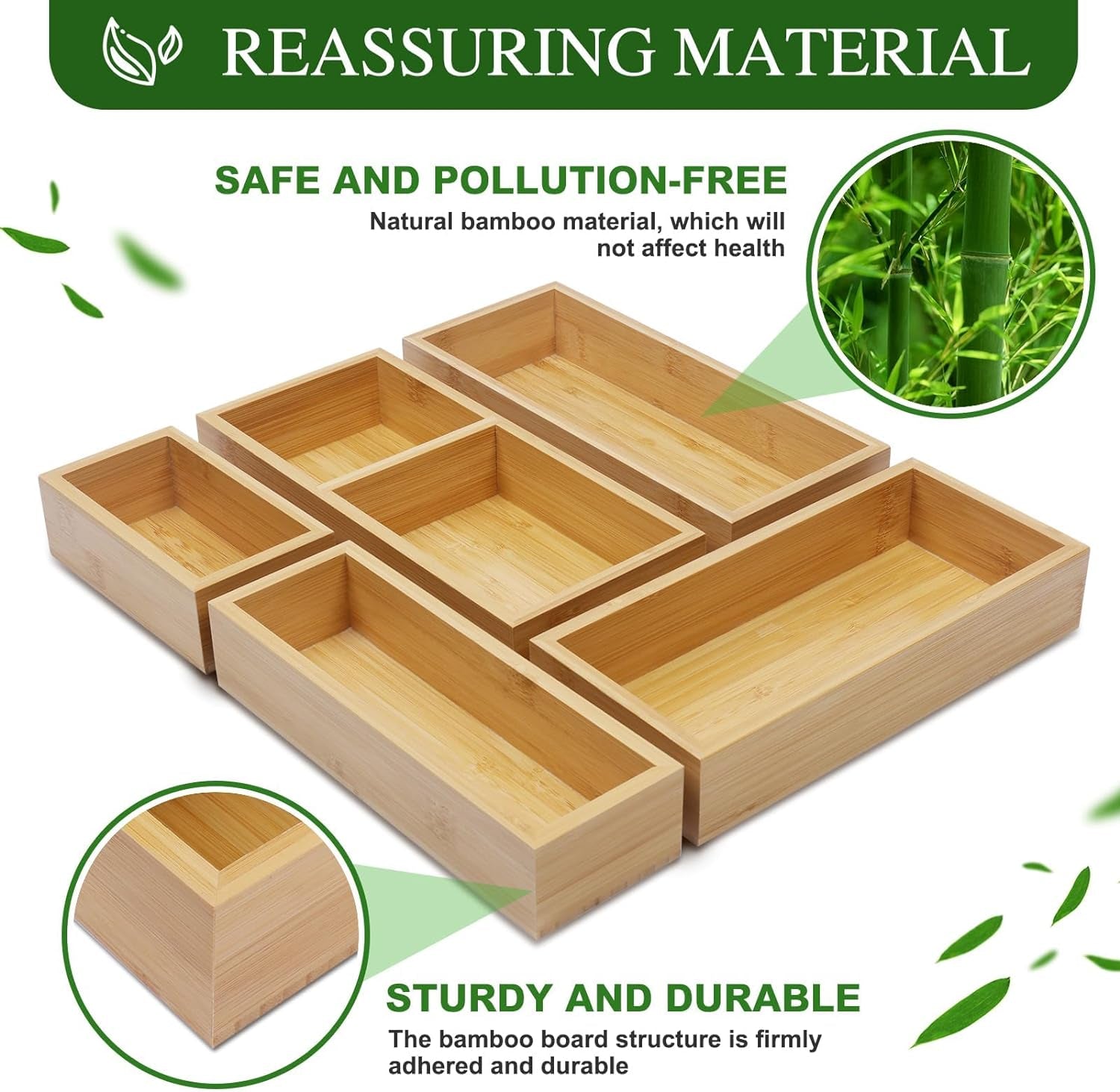 Bamboo Drawer Organizer Set  5 PCS Multi-Use Individual Wood Storage Organizers