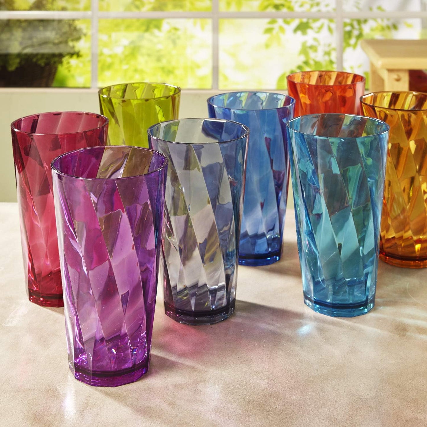 Optix Plastic Reusable Drinking Glasses Set of 8 20Oz Water Cups in Jewel Tone Colors