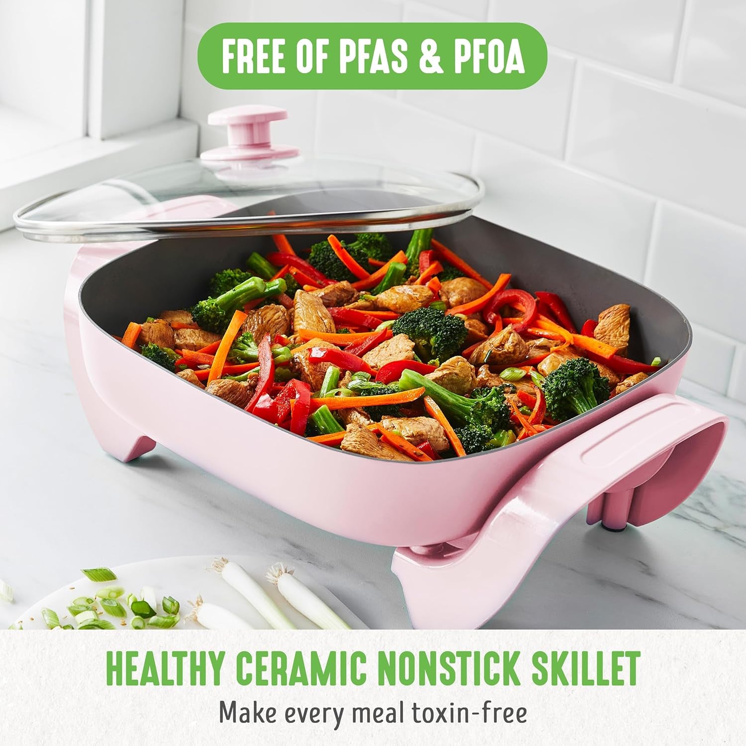 12 5QT Square Electric Skillet Glass Vented Lid Ceramic Pfas Free Nonstick Coated Interior