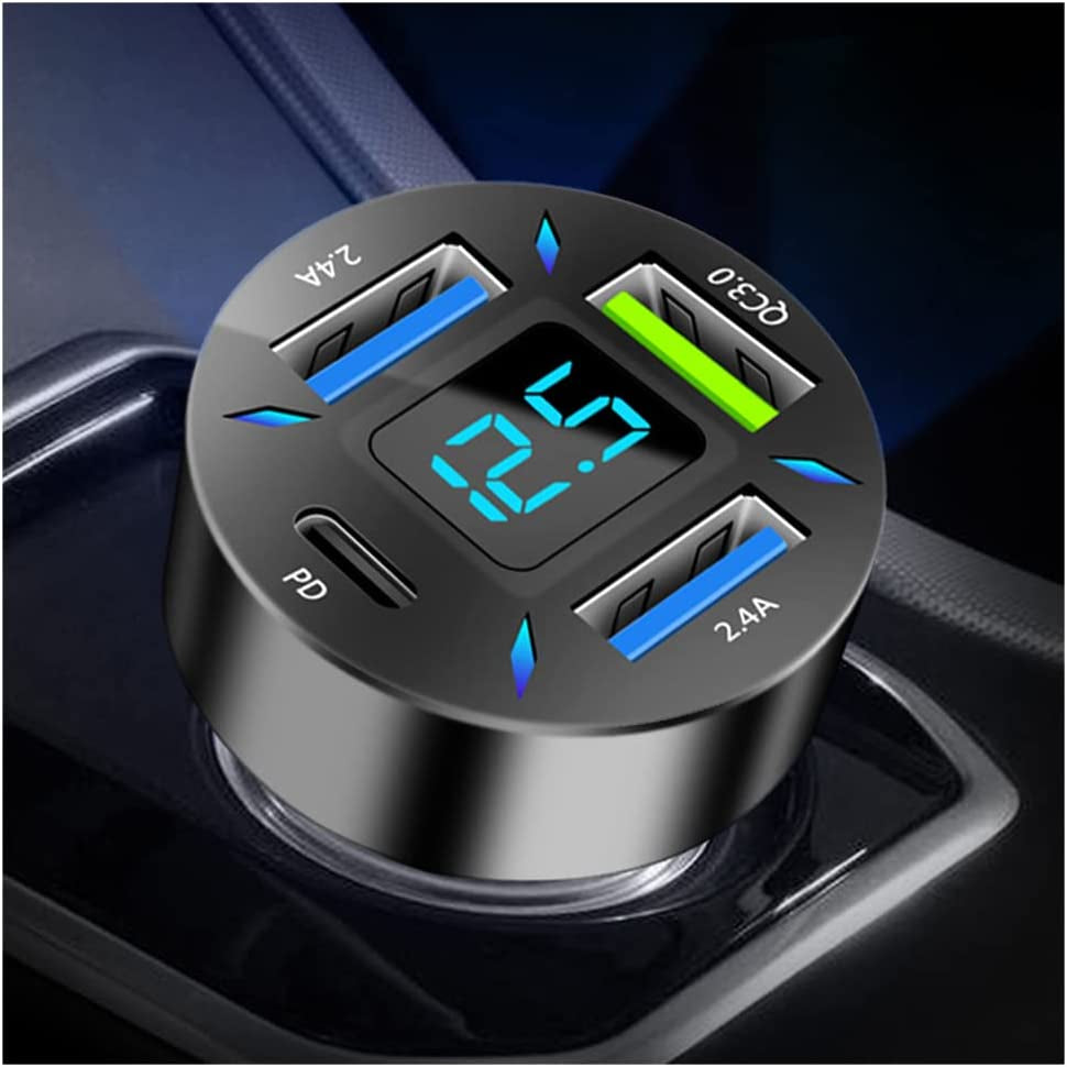 Car Charger 66W Super Fast Charging with USB PD&QC 3.0Voltmeter&Led Lights