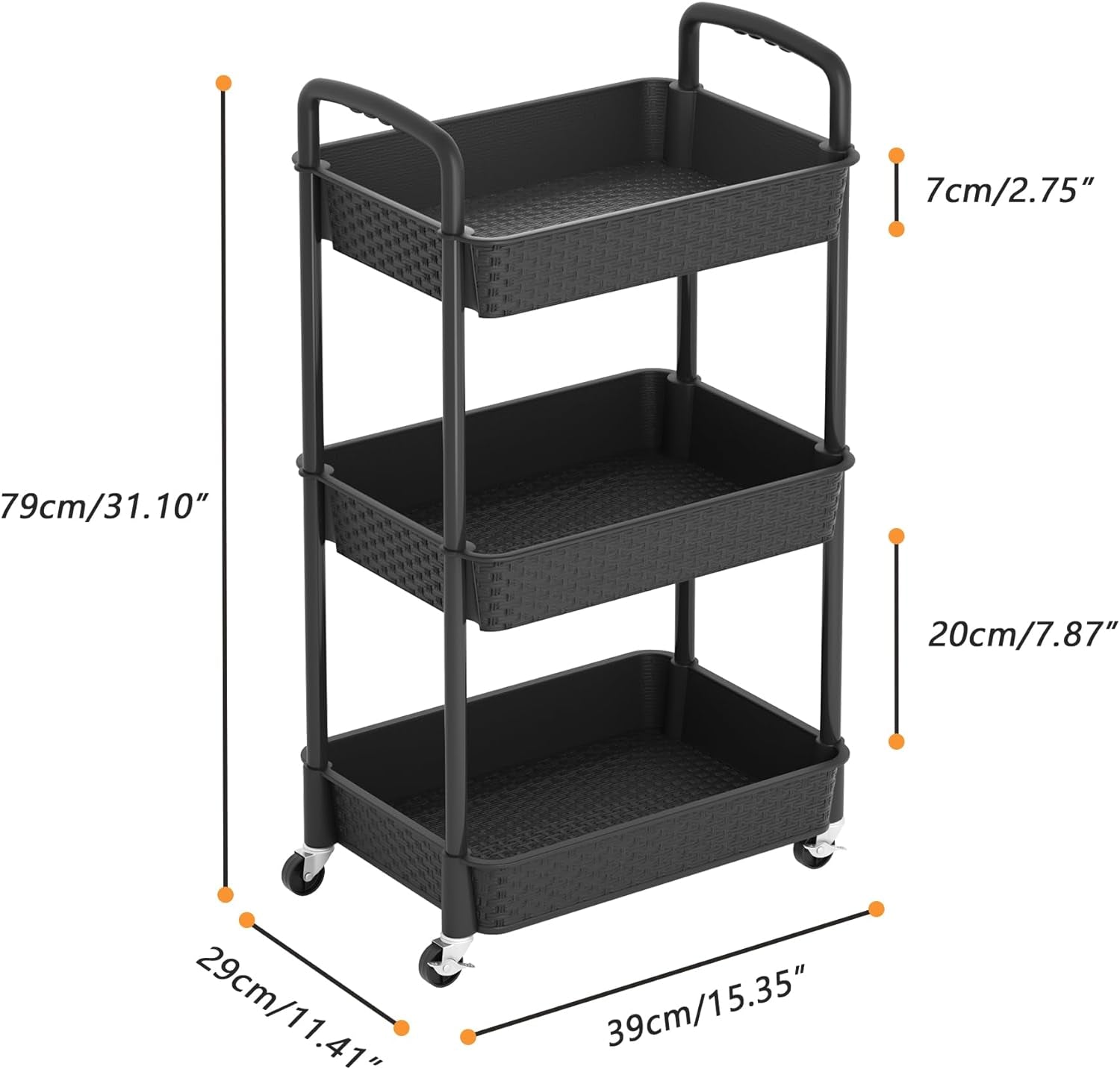 3 Tier Plastic Rolling Cart with Handle Utility Storage Cart with Office Living Room Kitchen