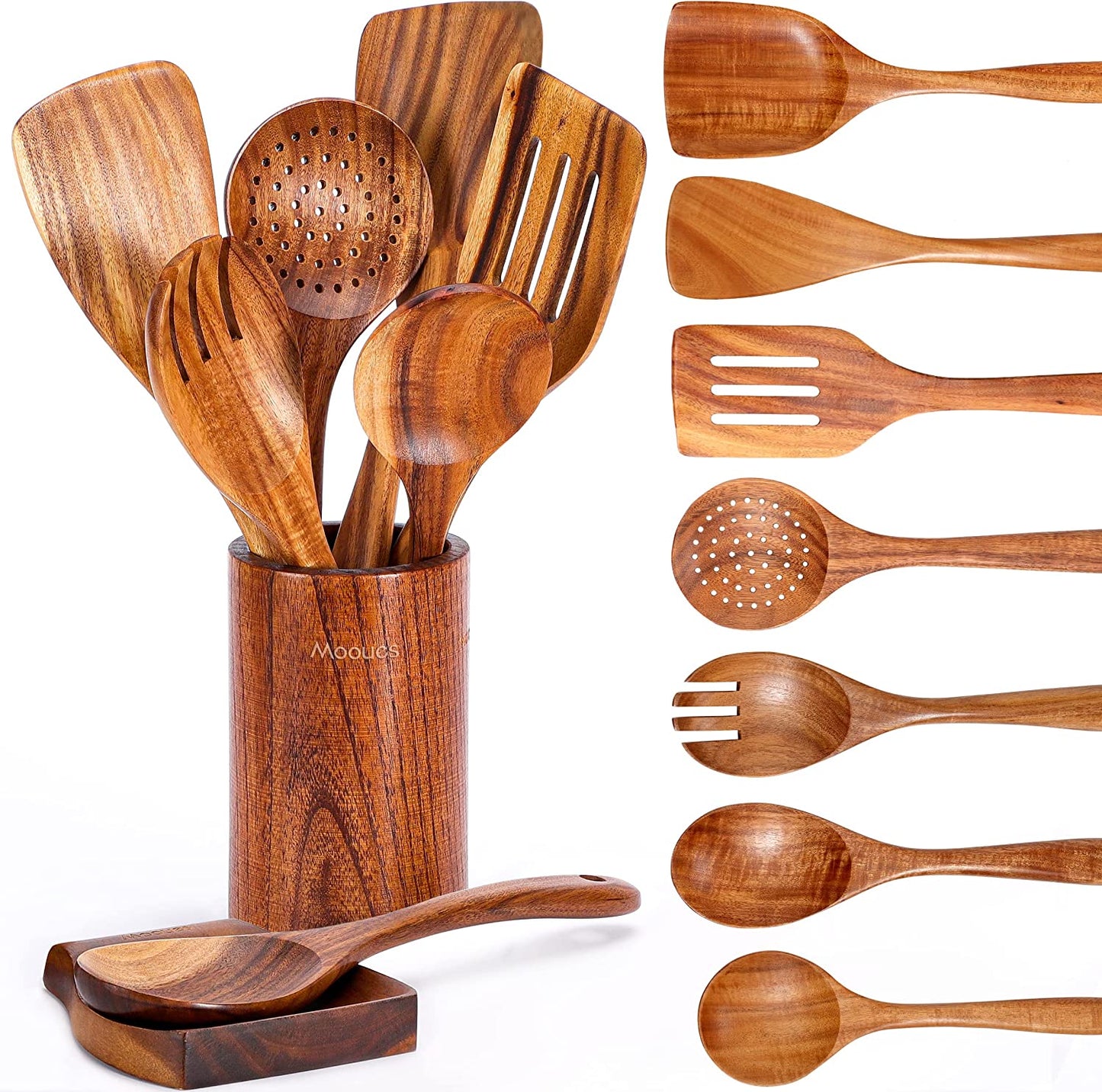 9 Piece Natural Teak Wooden Kitchen Utensil Set with Spoon Rest  Comfort Cooking