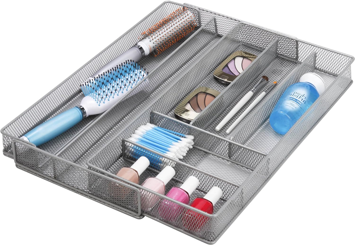 KCH-02163 Steel Mesh 7-Compartment Expandable Utility Drawer Organizer Silver