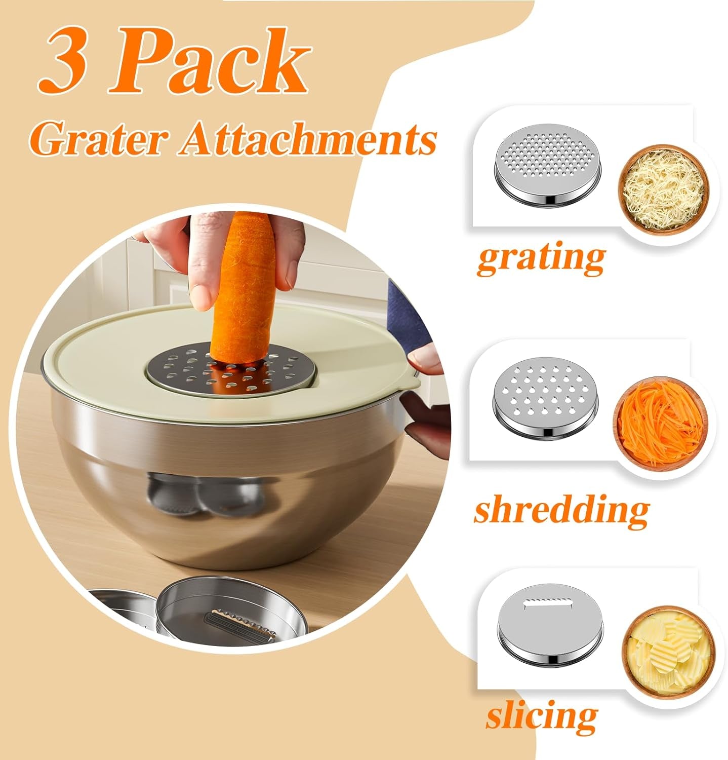 6 PCS Stainless Steel Mixing Bowls with 3 Grater Attachments