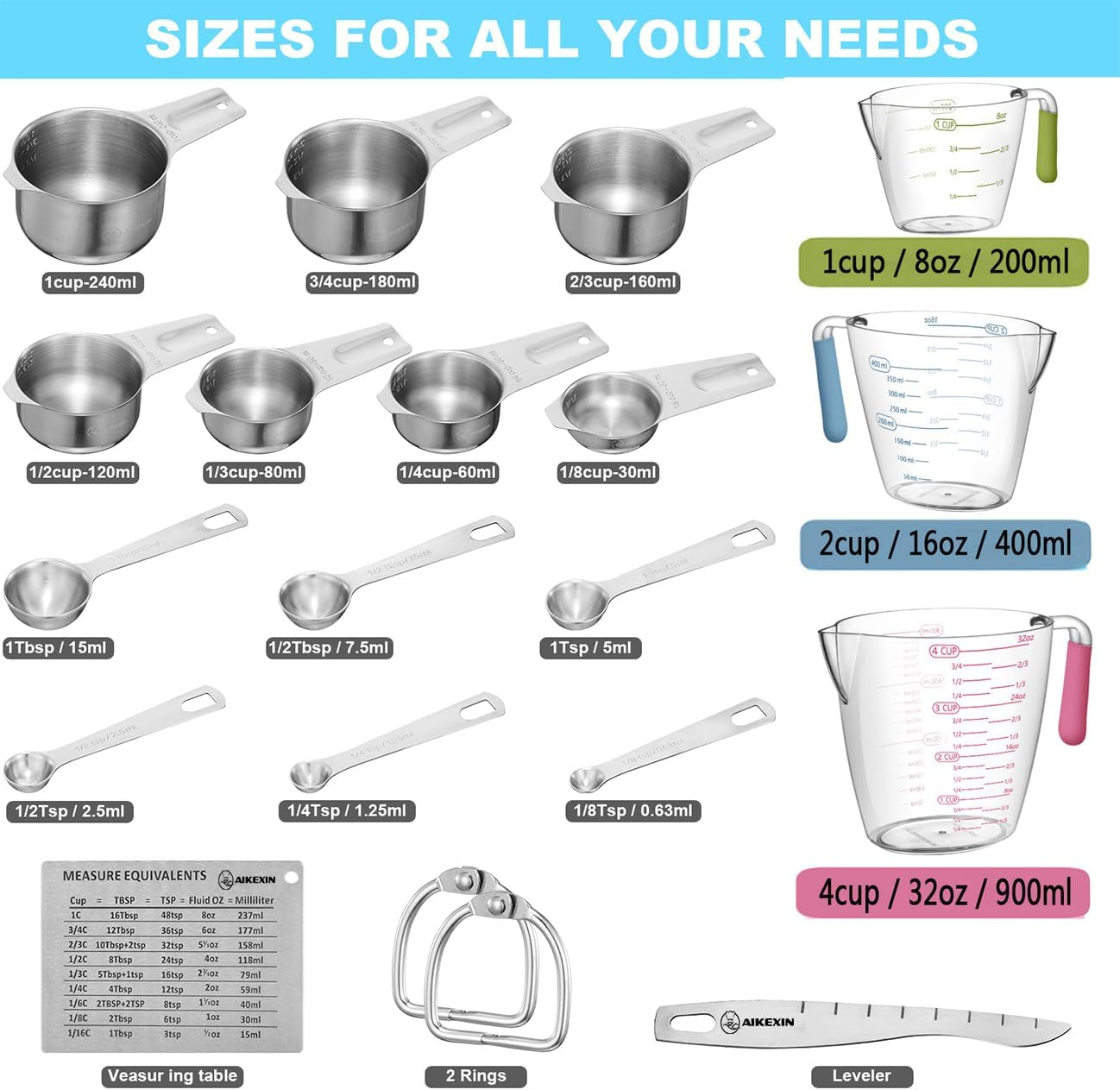 20 Piece Measuring Cups and Spoons Set Nesting Stainless Steel Measuring Cups Spoons