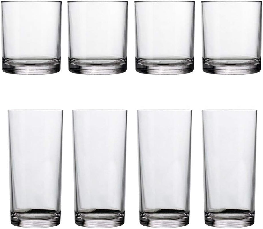 Classic Clear Plastic Reusable Drinking Glasses Set of 8 12Oz Rocks & 16Oz Water Cups