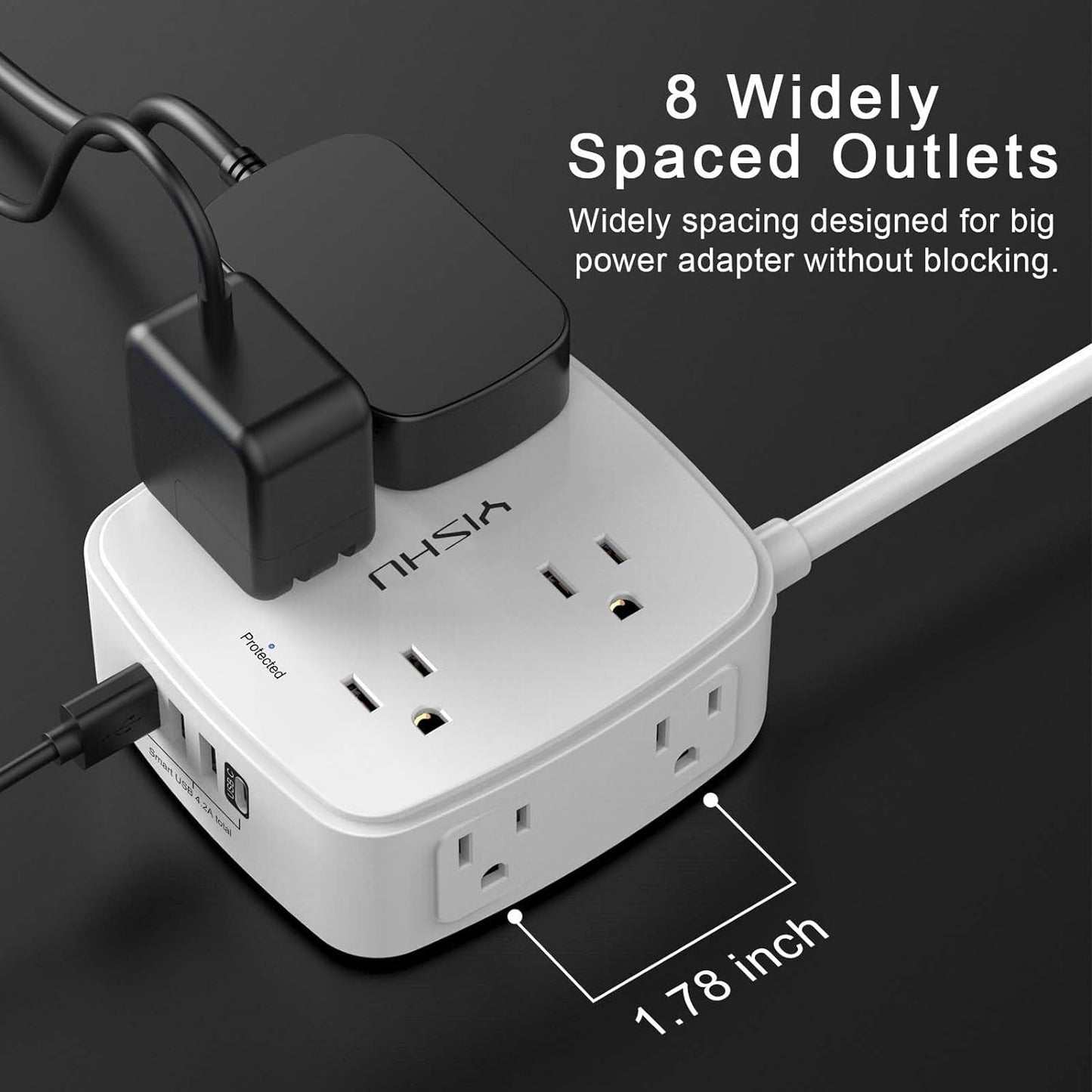 6 Ft Surge Protector Power Strip 8 Widely Outlets with 4 USB Ports 3 Side Extend