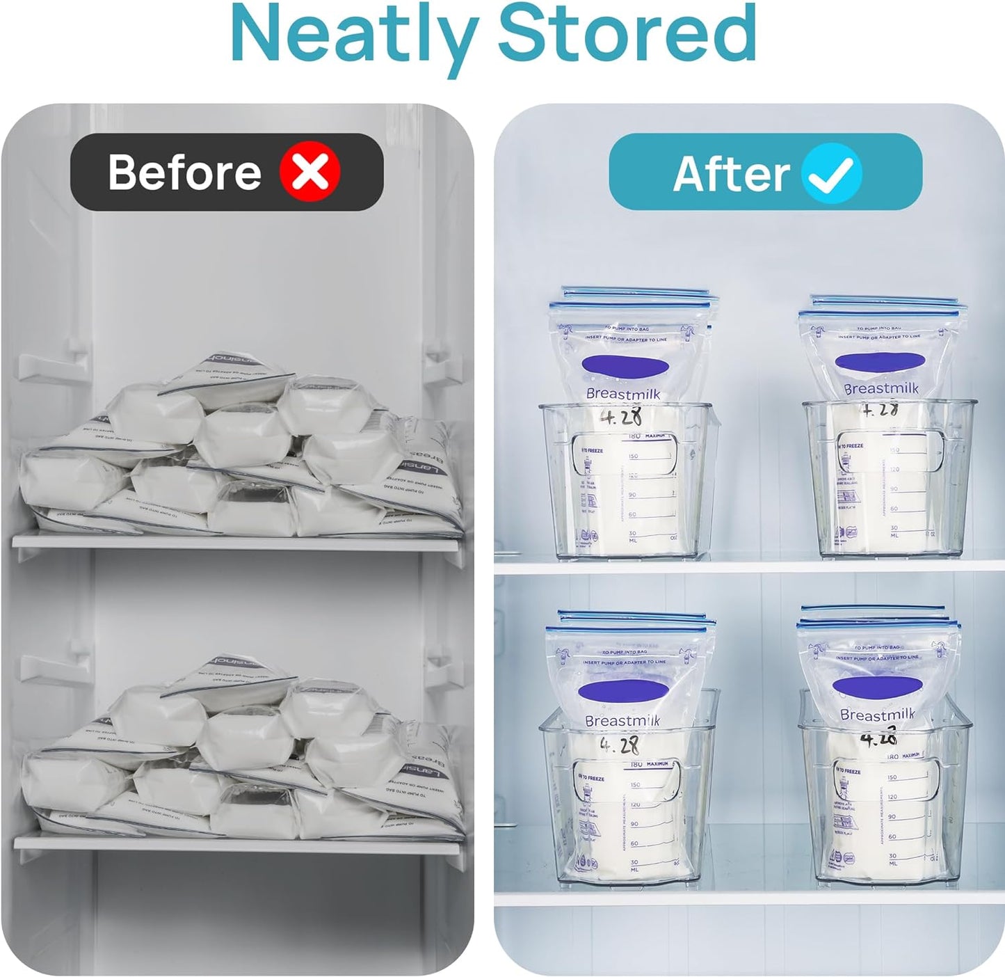 Breastmilk Storage Container 4PCS Set Clear Freezer and Fridge Organizer Bins Plastic Storage Bins