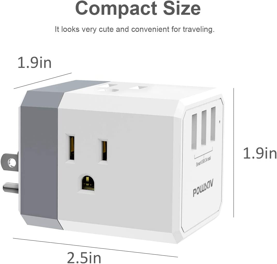 3 Outlet USB Wall Charger and Extender with 3 Way Splitter ETL Listed for Home Office Cruise Ship