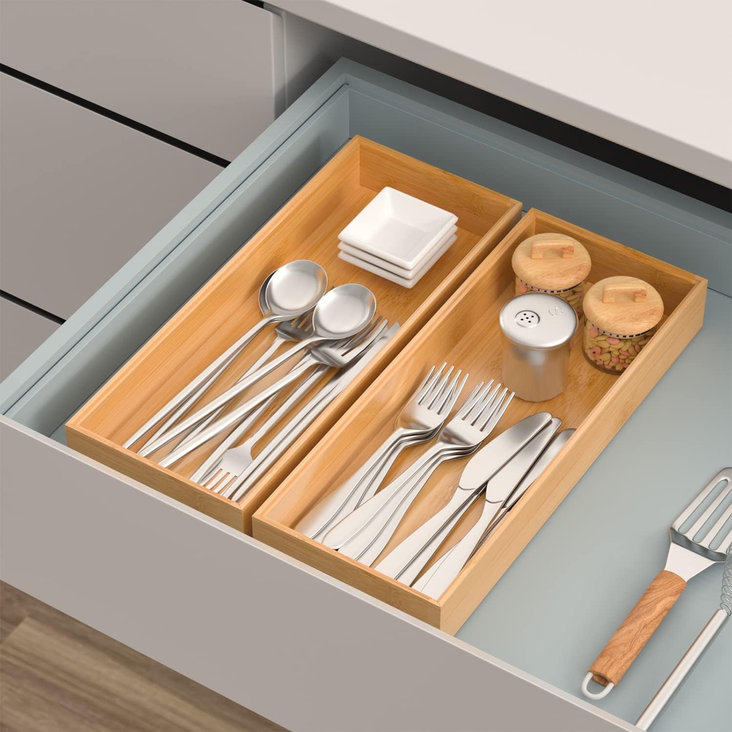 Bamboo Drawer Organizer Stackable Utensil Organizer for Kitchen Bamboo Storage Box