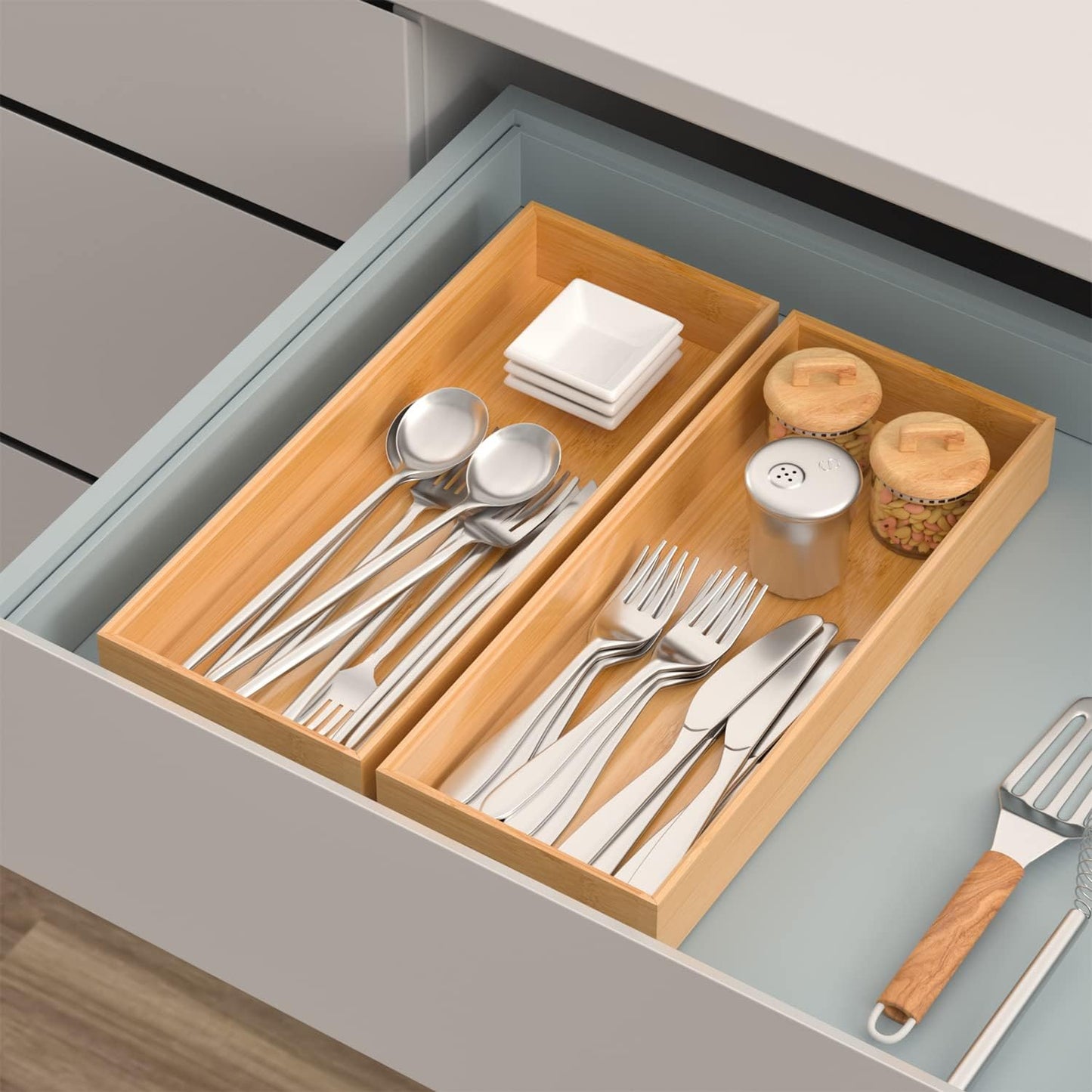 Bamboo Drawer Organizer Stackable Utensil Organizer for Kitchen