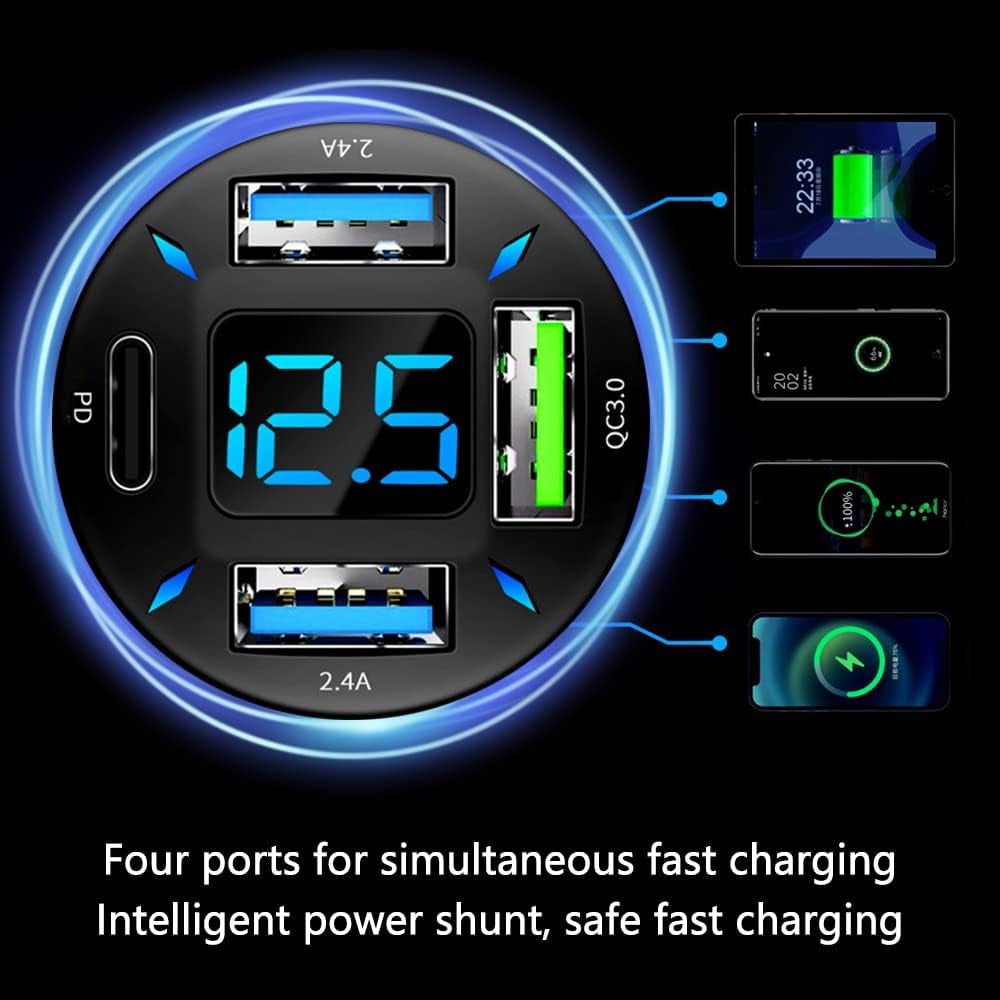 Car Charger 66W Super Fast Charging with USB PD&QC 3.0Voltmeter&Led Lights