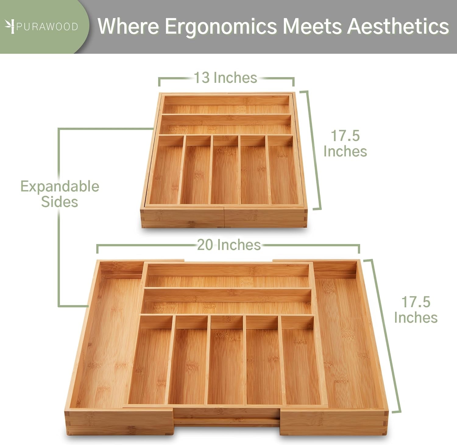 Large Premium Bamboo Silverware Organizer Expandable 