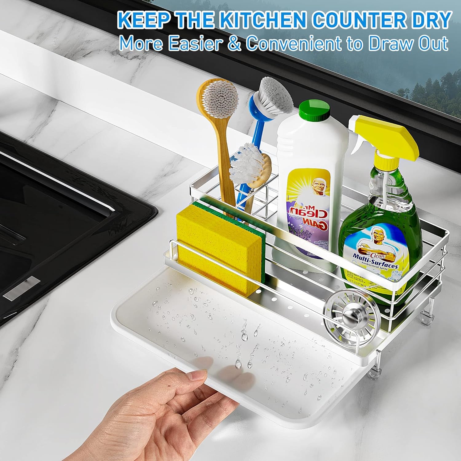 Sponge Holder Caddy Organizer Sink Accessories with Drip Tray Rustproof