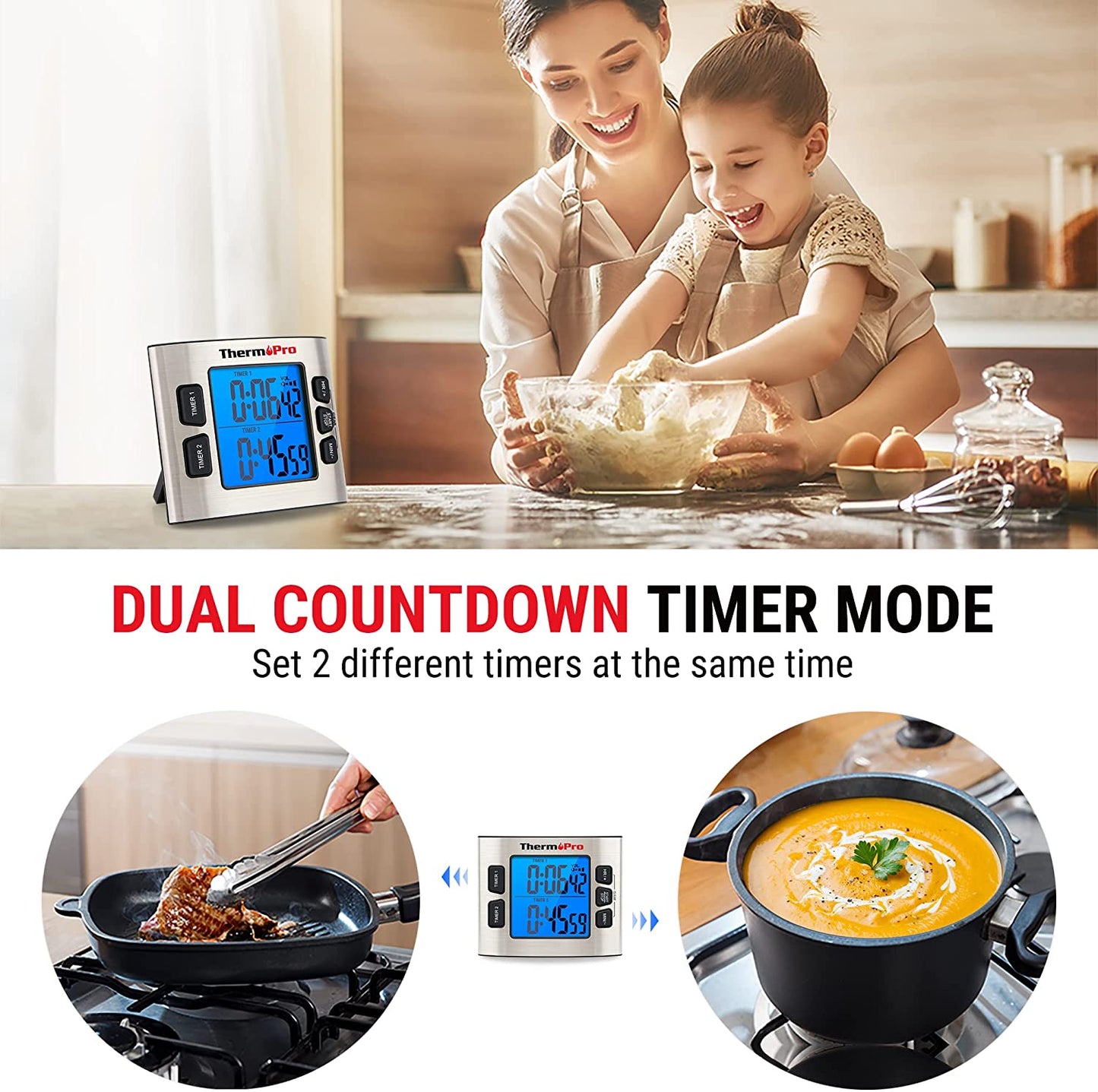 TM02 Digital Kitchen Timer with Dual Countdown Stop Watches Timer Magnetic 