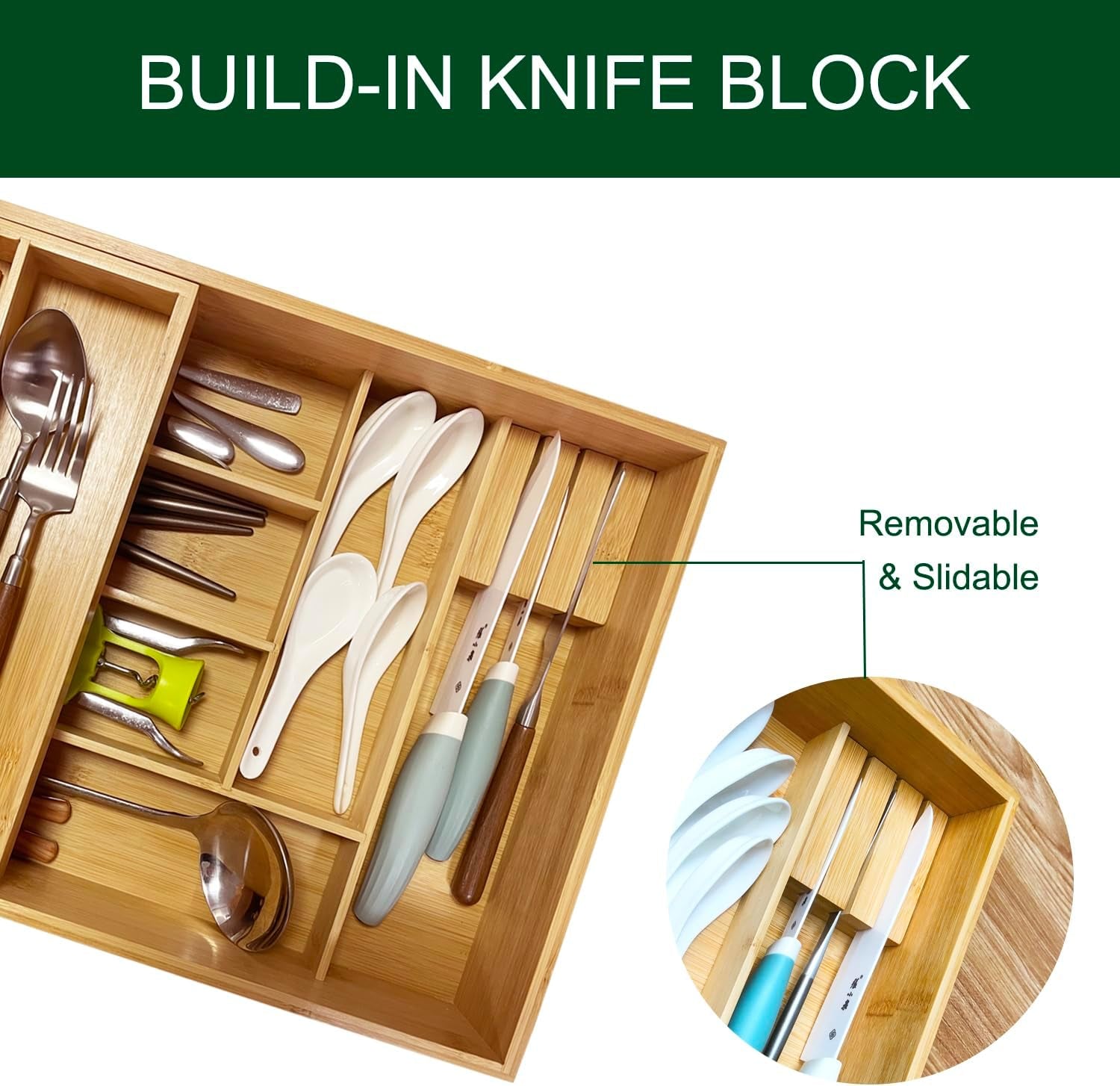 Double Layer Bamboo Kitchen Drawer Organizer Utensil Silverware Organizer