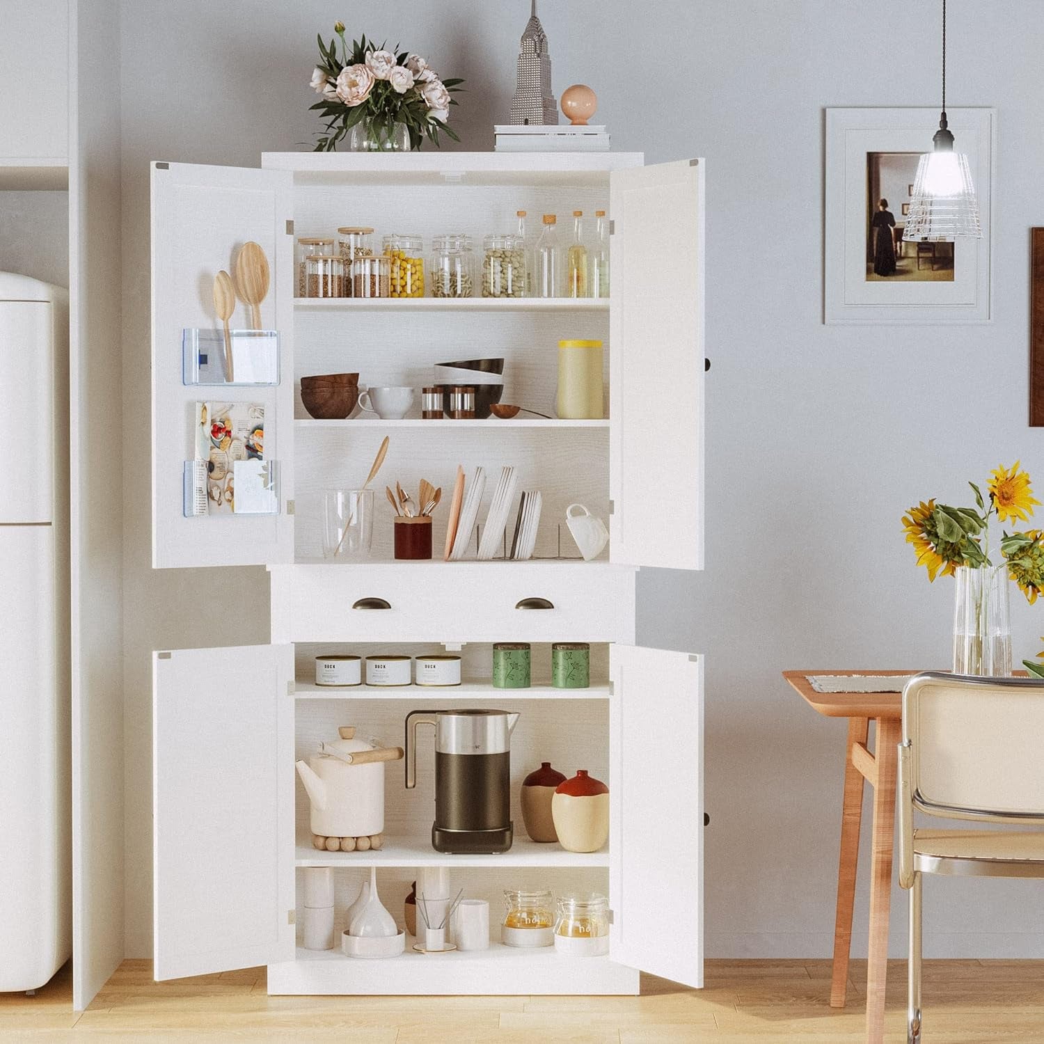 Kitchen Pantry Storage Cabinet 72" Height with Barn Doors Drawer 4 Adjustable