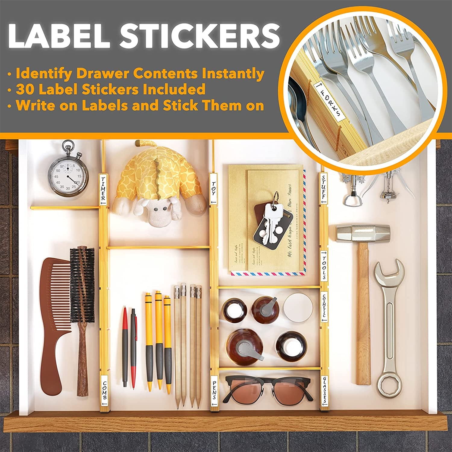 Bamboo Drawer Dividers with Inserts and Labels Kitchen Adjustable Drawer Organizers