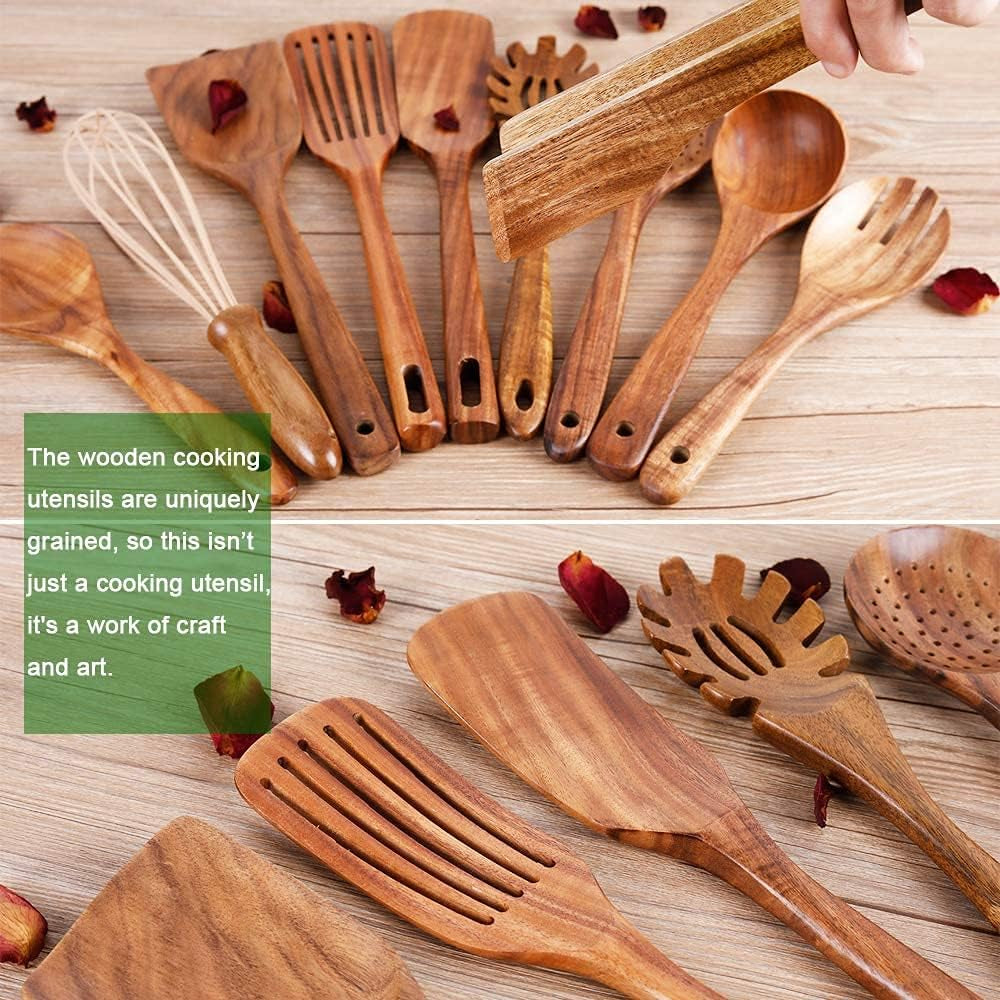 Natural Teak Wood Kitchen Utensils with Spatula and Ladle