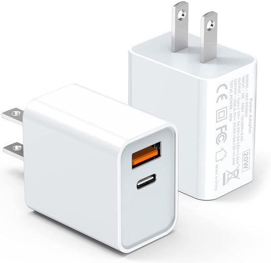 USB C Wall Charger Block 20W 2 Pack Dual Port PD Power Delivery Fast Type C Charging