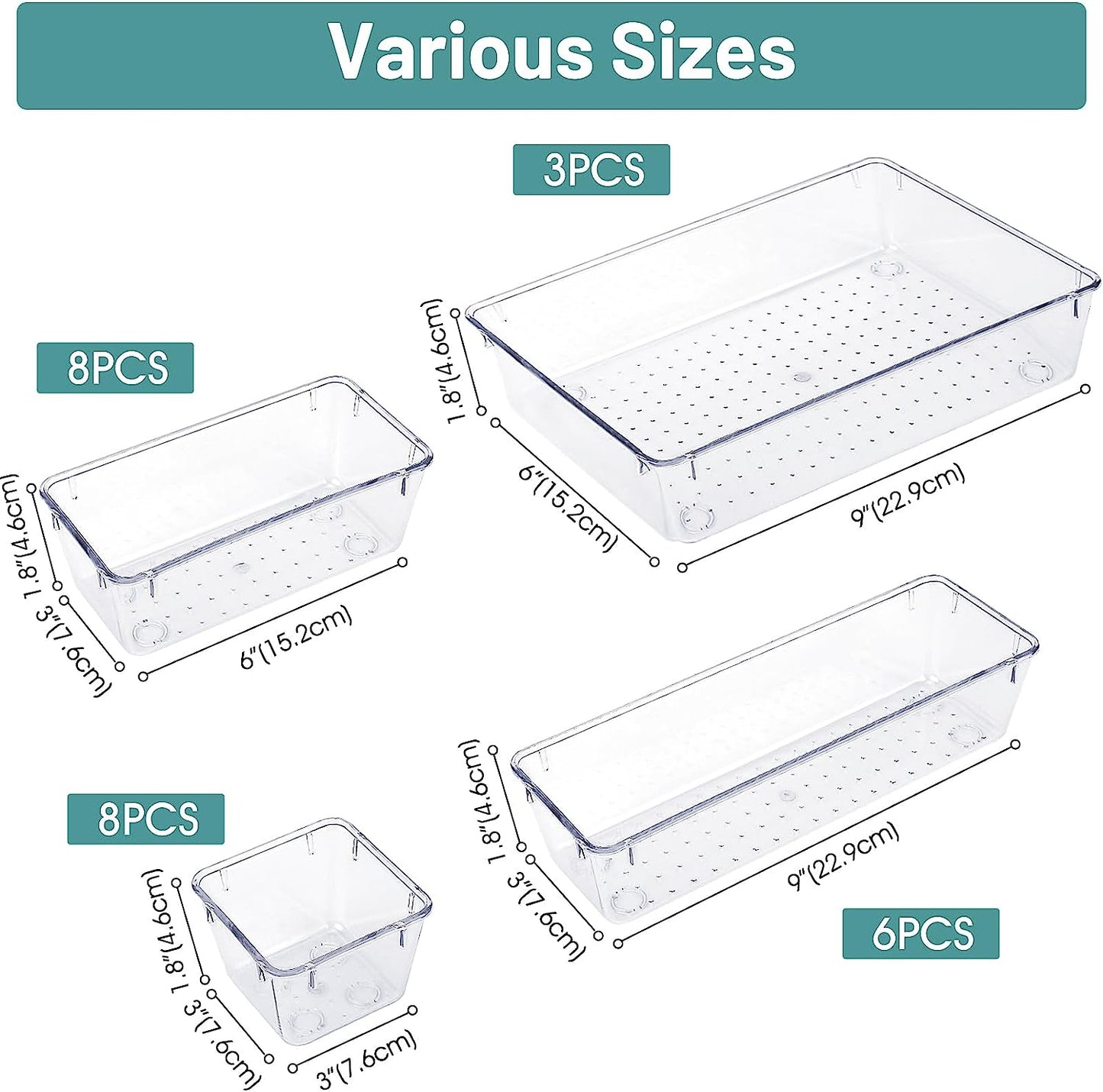 25 PCS Clear Plastic Drawer Organizer Set 4 Sizes Desk Drawer Divider Organizers