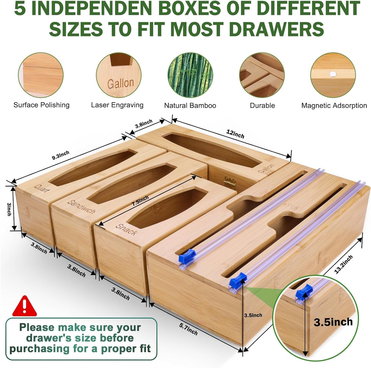 Individual Storage Bag Organizer for Kitchen Drawer Bamboo with Foil or Plastic Wrap Organizer 