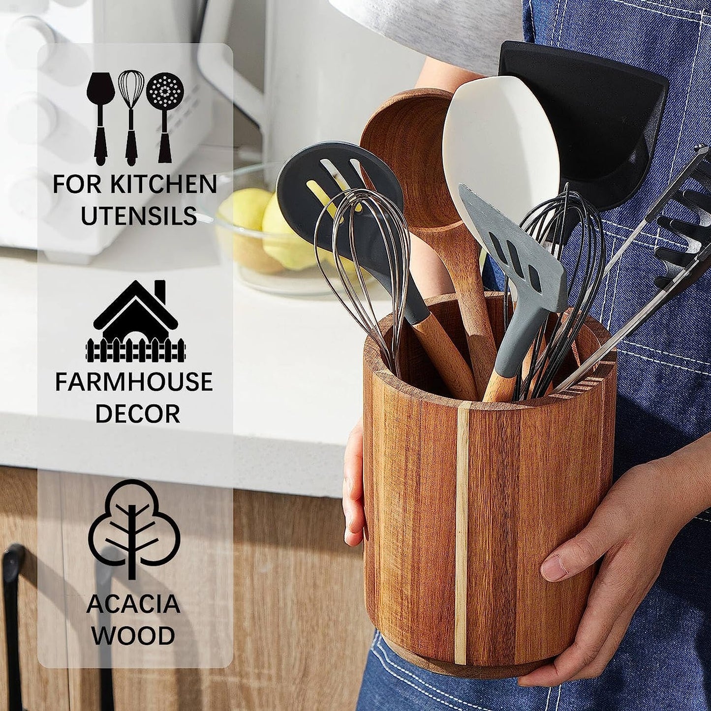 Acacia Wood Utensil Holder for Kitchen Counter 360° Rotating 7.2 Large Cooking Utensil Holder