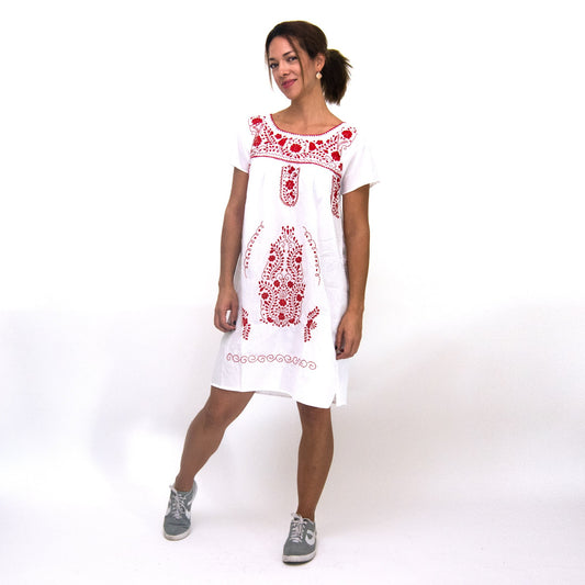 Southwestern White Dress with Red Flowers