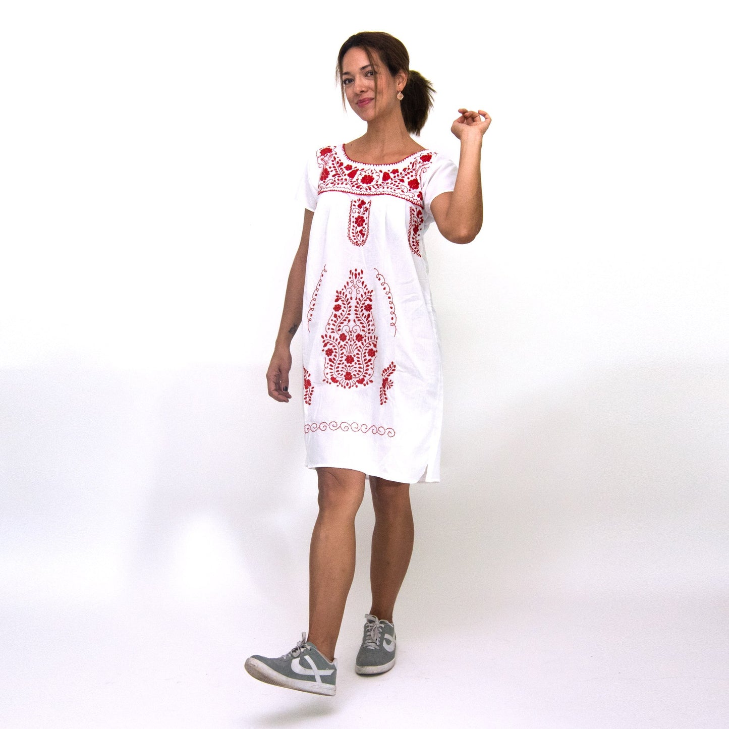 Southwestern White Dress with Red Flowers